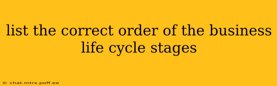 list the correct order of the business life cycle stages